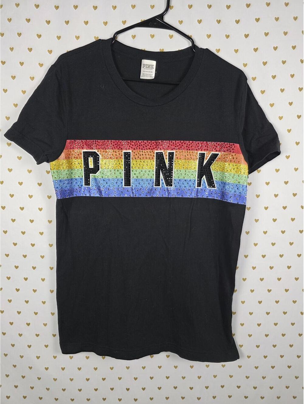 Victorias Secret PINK RARE HTF ainbow BLING Studded Campus Tee shirt SMALL